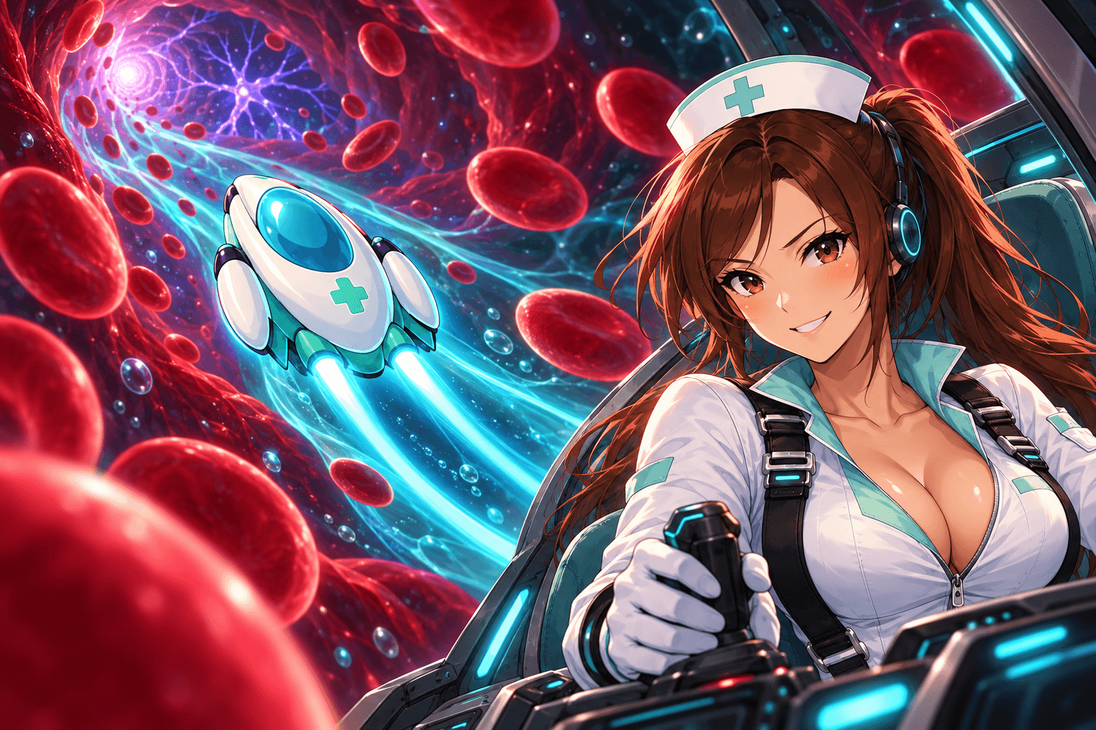 Mia and her medical ship exploring a glowing bloodstream in Nano Patrol